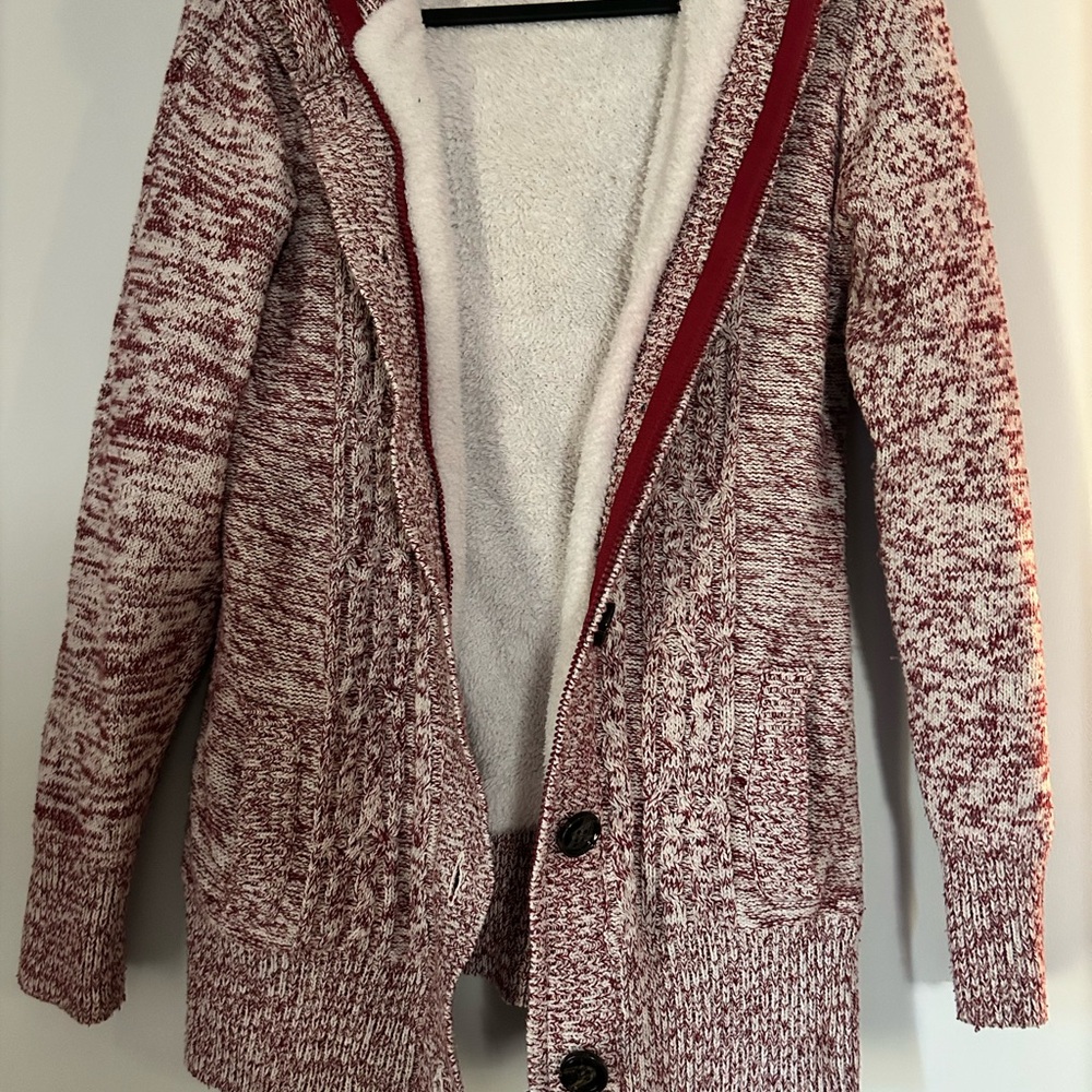 Cozy Red and White Hooded Cardigan
